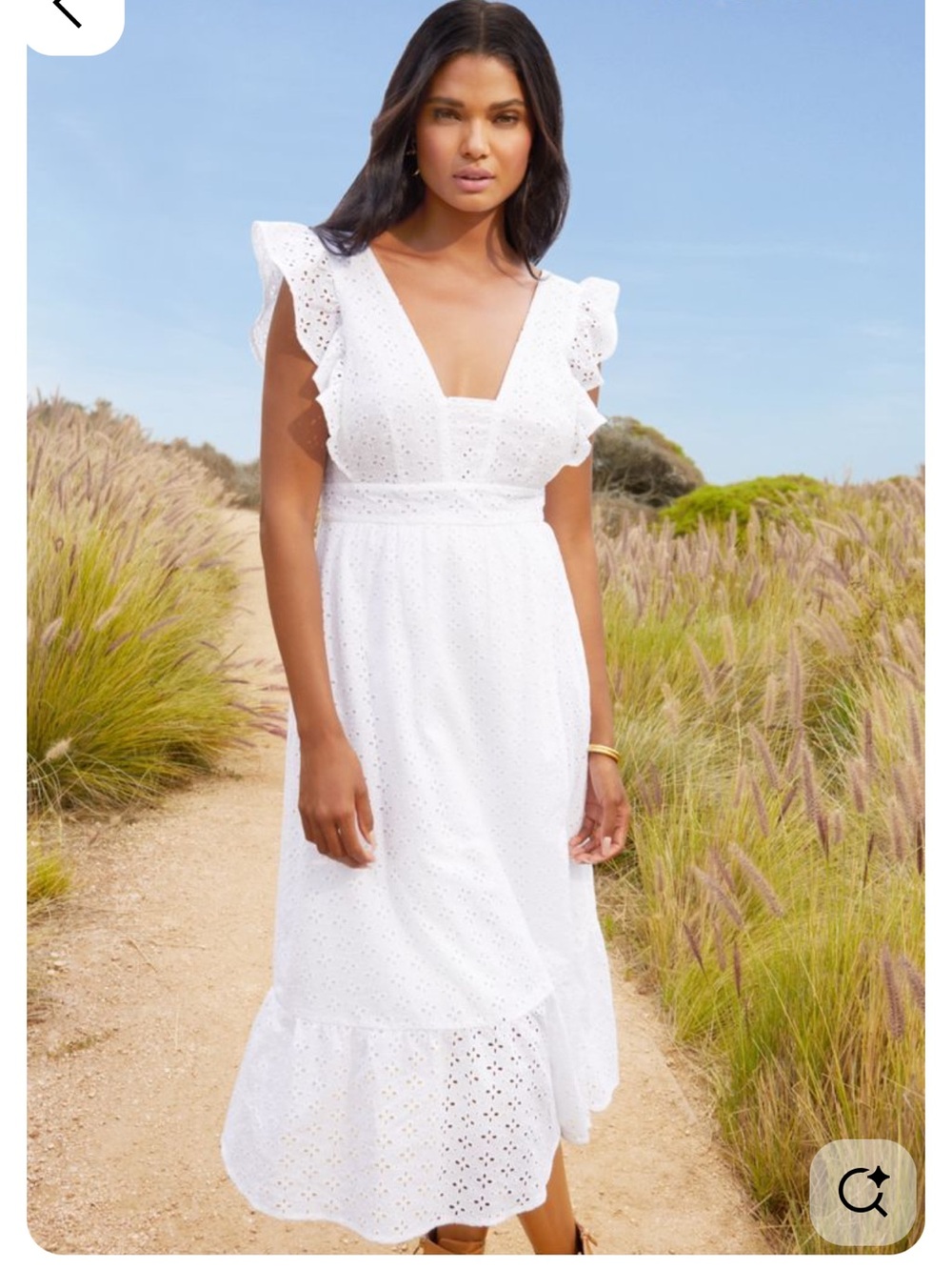 Justfab Romantic White Eyelet MIDI Dress  Deep Neckline Open Back Lined Size Med